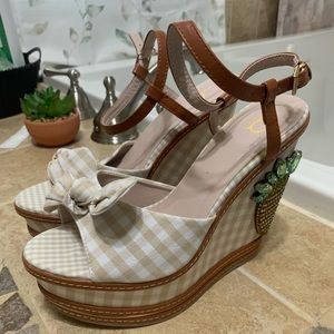 Bakers Beige & White Gingham Gold Rhinestone Pineapple Platform Wedges